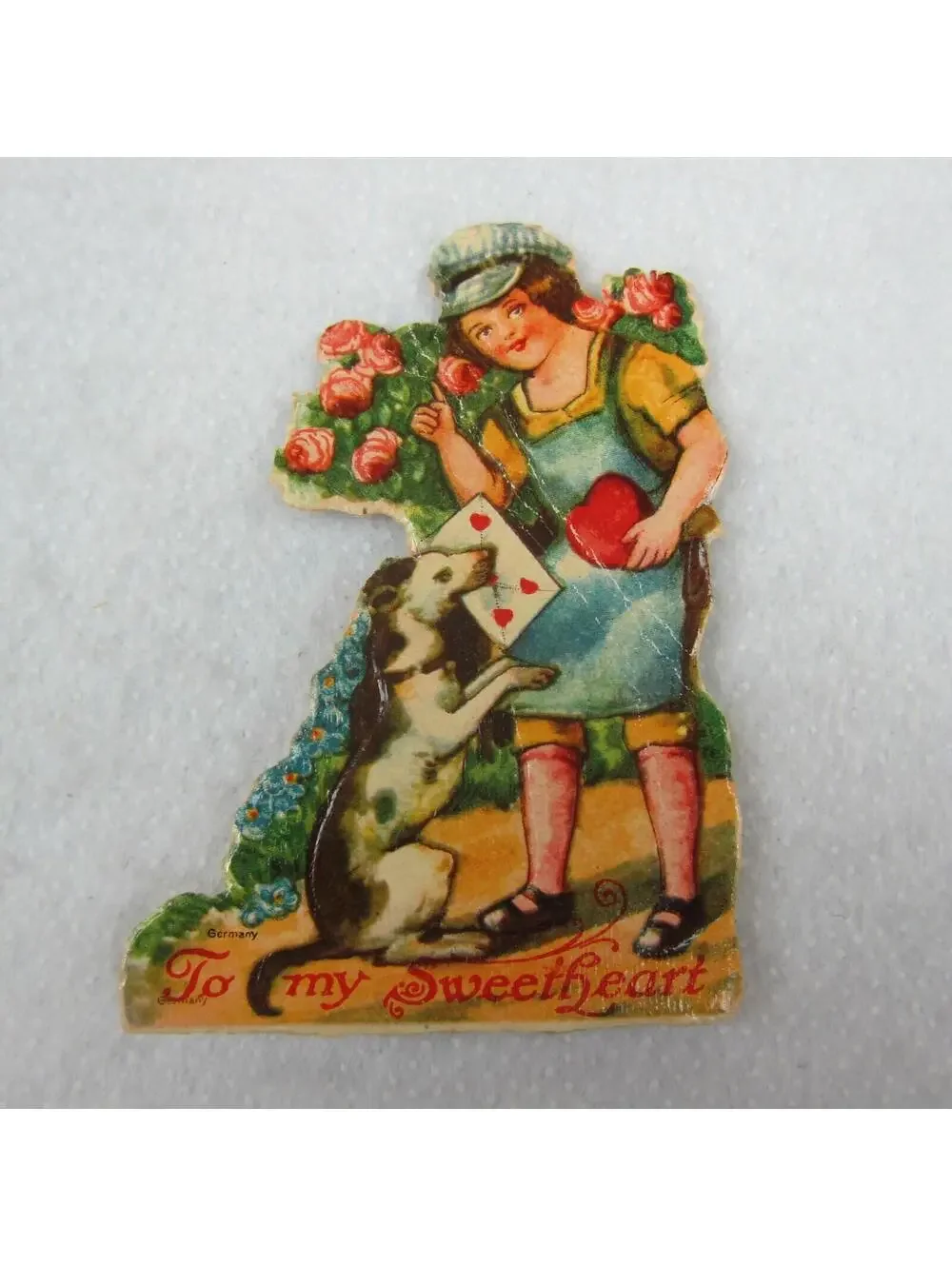 Vintage Valentine Die Cut Stand Up Boy & Dog Heart Rose Bush 1920s-30s Germany